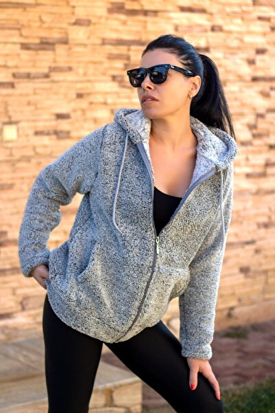 Azıcık Akıllı Γυναικείο γκρι βελούδινο μαλακό μπουφάν με φερμουάρ με κουκούλα τσέπες Welsoft 22KCKTERES