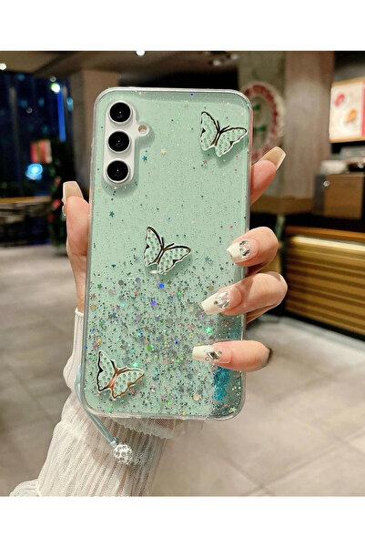 Rivor Samsung Galaxy A55 Uyumlu Kılıf Kamera Çıkıntılı Simli 3D Kelebek Kabar...