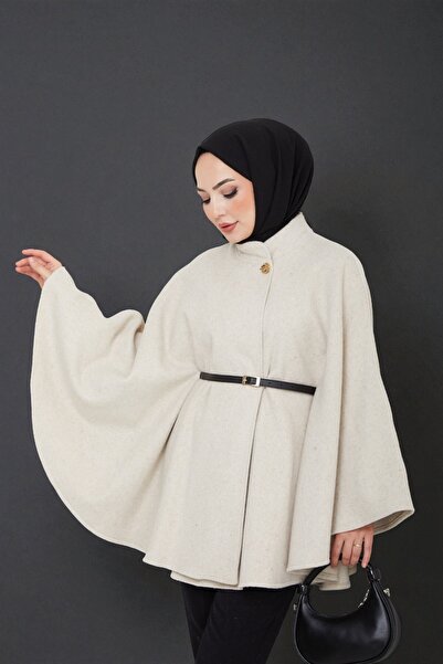 Cochines Γυναικεία κρεμ χρυσή μπροσούρα με κουμπιά και ζώνη ψηλός λαιμός Μαύρο καστανό χρώμα Τουνίκ Μακρύ Πόντσο