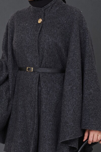 Cochines Women's Black Gold Brooch Buttoned Belted Mock Neck Embroidered Short Coat Hijab Tunic Long Poncho