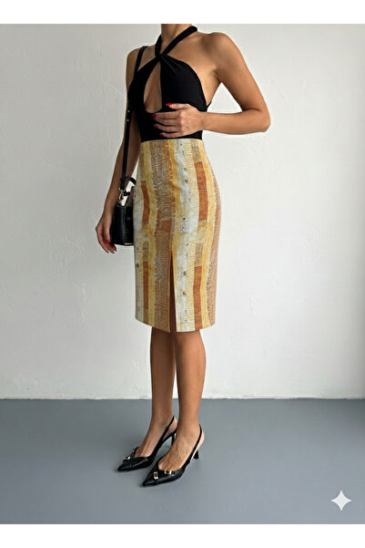 MaxiMor Women's Elastic Waist Front Slit Pencil Lycra Fabric Midi Length Skirt