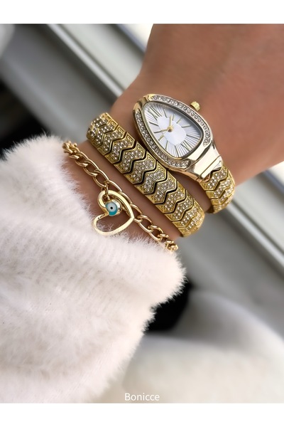 Bonicce العلامة التجارية الحبل المعدني الأصفر، الاتصال الهاتفي الأخضر، ساعة اليد النسائية مع هدية سوار مطرز عين الشر