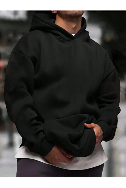 Relax family xf Men's Black Hooded Sweatshirt Oversize Cotton Lined 3 Thread Winter Anti-Pilling