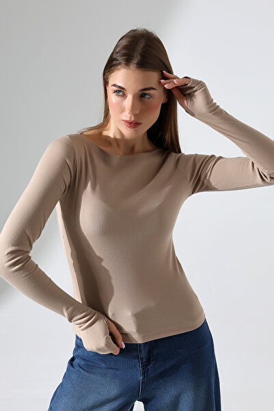 Şiir Μπλούζα και μπλούζα με μακρυμάνικη καμιζόλα Mink Boat Neck με λεπτομέρεια στα δάχτυλα - Σχέδιο με ραβδώσεις