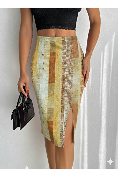 MaxiMor Women's Elastic Waist Front Slit Pencil Lycra Fabric Midi Length Skirt