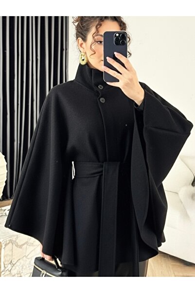 şuranur Stand-Up Collar Belt Detail Premium Poncho Coat