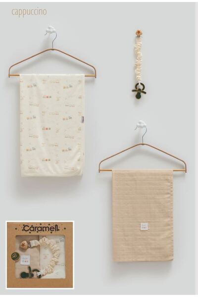 Caramell İncibaby 100% Cotton Premium Baby Boy 3-Piece Cotton Blanket & Muslin Blanket & Pacifier Strap Set