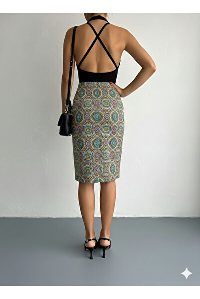 MaxiMor Women's Elastic Waist Front Slit Pencil Lycra Fabric Midi Length Skirt