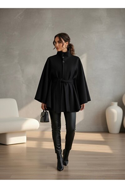 şuranur Stand-Up Collar Belt Detail Premium Poncho Coat