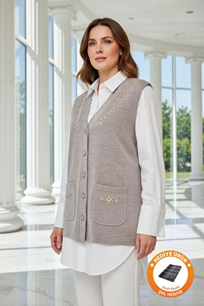 larocci V-Neck Wrap Detailed Vest Sand + Shawl Gift