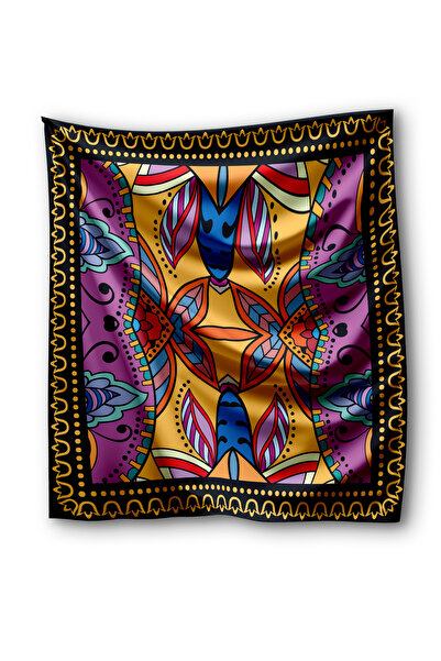 pistore Yellow Black Framed Bandana Scarf - Square Patterned with Floral Geometric Decorations