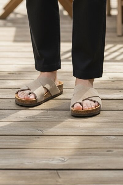 Land of Cork Γυναικείες παντόφλες ανατομική φυσική σόλα από φελλό Taupe Suede δερμάτινες σαγιονάρες