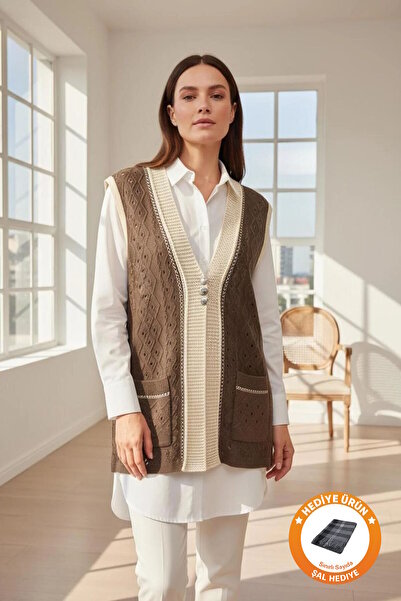 larocci Embroidered Knitted Vest Mink-Bone + Shawl Gift