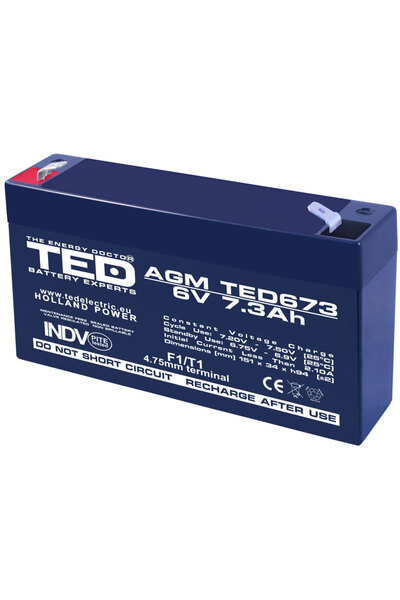 TED Συσσωρευτής AGM VRLA 6V 7.3Ah μολύβδου-οξέος 151x34x94 mm ακροδέκτης F1 Battery Expert Holland