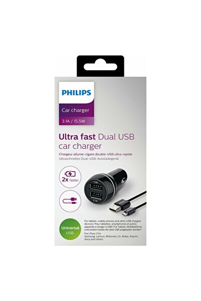 Philips Dual 2x USB ULTRA-RAPID car charger 15.5W 3.1A with protection + micro USB cable DLP2357U/1