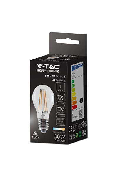 V-TAC Bec E27 A60 CU FILAMENT DIMABIL LED 8W 700lm 3000K alb cald SKU-212815