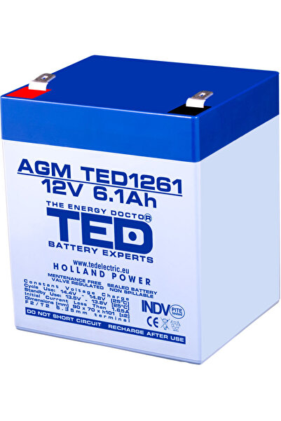 TED Acumulator AGM VRLA 12V 6.1Ah plumb acid 90x70x98 mm F2 terminal Battery Expert Holland