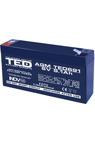 TED Acumulator AGM VRLA plumb acid 6V 9.1A 151x34xh95mm F2 Battery Expert Holland TED002990 59492580