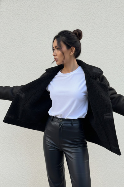 Bermody Παλτό O oversized από μαύρο σουέντ με υφή από πέτρα με εσωτερική επένδυση από βελούδο