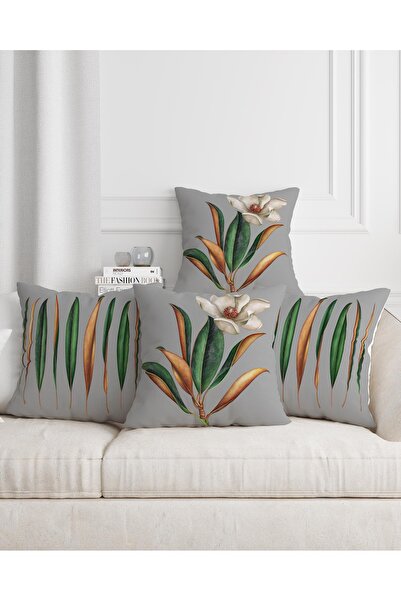 Şah Dekor Magnolia Flower Patterned Green Gray 4-Piece Digital Printed Gift Pillow Cushion Cover