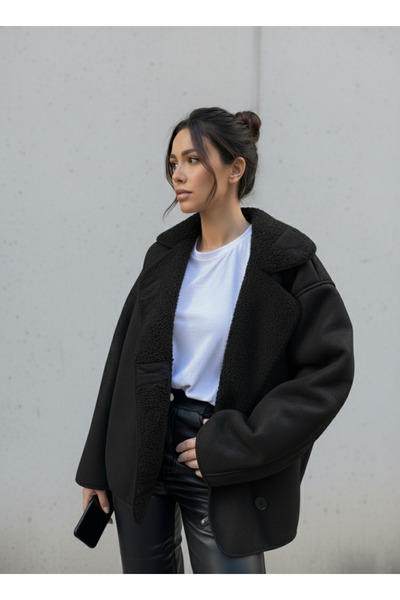 Bermody Παλτό O oversized από μαύρο σουέντ με υφή από πέτρα με εσωτερική επένδυση από βελούδο