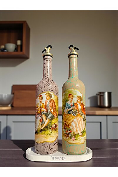 Mes Reves 750 ml Handmade Vintage Patterned Olive Oil Liquid Oil Bottle Set of 2 with Presentation Stand Oil Pot Oil Dispenser