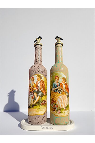 Mes Reves 750 ml Handmade Vintage Patterned Olive Oil Liquid Oil Bottle Set of 2 with Presentation Stand Oil Pot Oil Dispenser