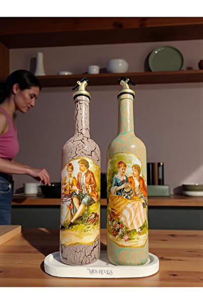 Mes Reves 750 ml Handmade Vintage Patterned Olive Oil Liquid Oil Bottle Set of 2 with Presentation Stand Oil Pot Oil Dispenser