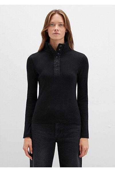 Mavi Button Detailed Mock Neck Black T-Shirt Fitted / Bodycon Cut 1613614-900