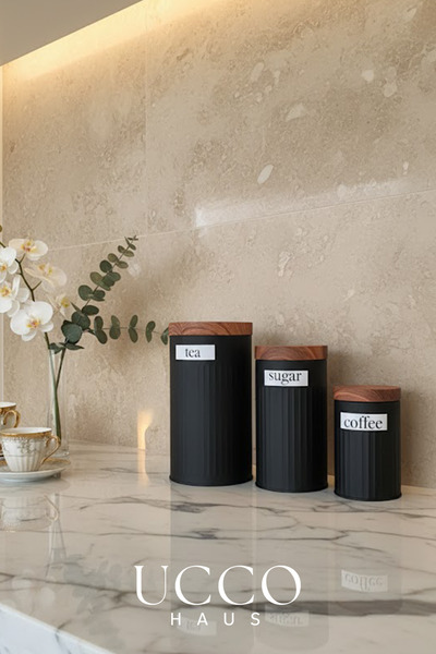 UCCO 3-Piece Black Metal Tea Coffee Sugar Storage Container 20-17-14 cm Kitchen Pantry Organizer