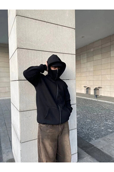 ARONA Mdb Amuray Ninja Double Hooded Zip Zippered Kangaroo Pocket Full Zip Hoodie Wetshirt Black