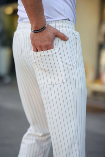 DoğruFashion Mdb Men's Striped Woven Crepe Jogger Buggy Pants Comfortable Fit White