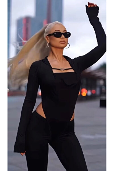 DUOF Women's Long Sleeve Square Neck Buckle and Low Waist Detail Jumpsuit Romper