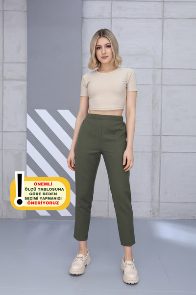 Feela Moda High Waist 1001 Model Lycra Women's Woven Trousers - Khaki Carrot Leg