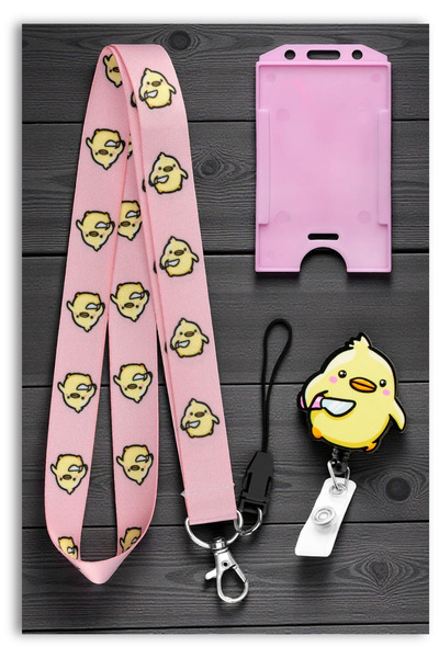 Mia Aurora Pembe Civciv Desenli Yoyo dikey Kartlık Boyun Askı İpi Set - 3SETD