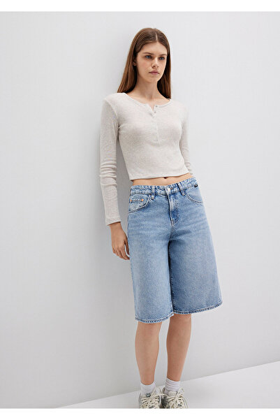 Mavi Button Detailed Long Sleeve Beige Crop Basic T-Shirt Crop / Short Cut 1613403-80084