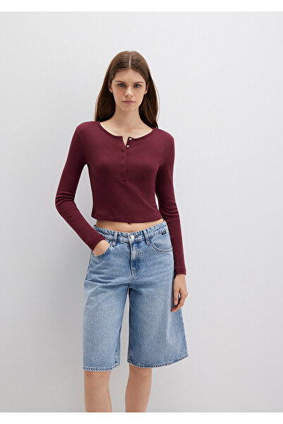 Mavi Button Detailed Long Sleeve Burgundy Crop Basic T-Shirt Crop / Short Cut 1613403-70426