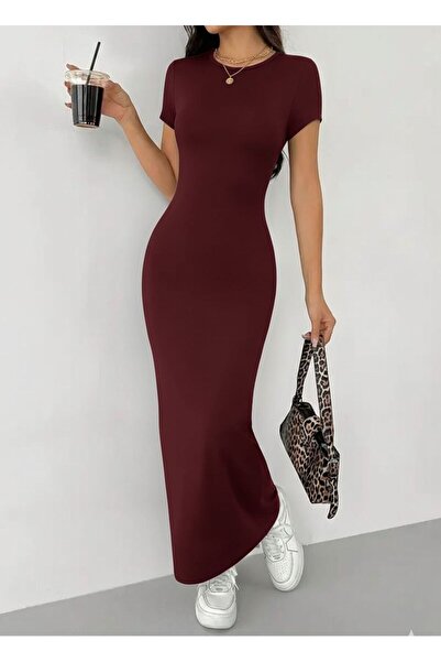 segiza Short Sleeve Body Fitted Lycra Special Fabric Maxi Dress Burgundy