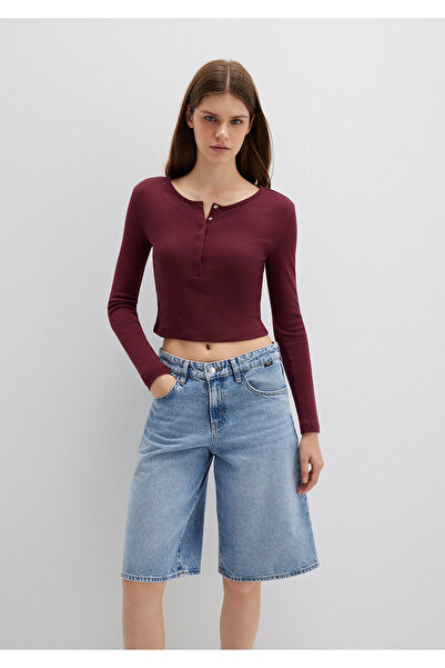 Mavi Button Detailed Long Sleeve Burgundy Crop Basic T-Shirt Crop / Short Cut 1613403-70426