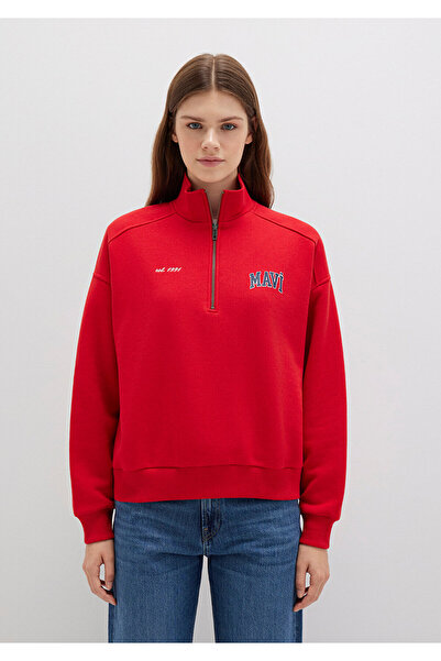 Mavi Logo Printed Semi-Zipper Red Sweatshirt 1S10373-90742