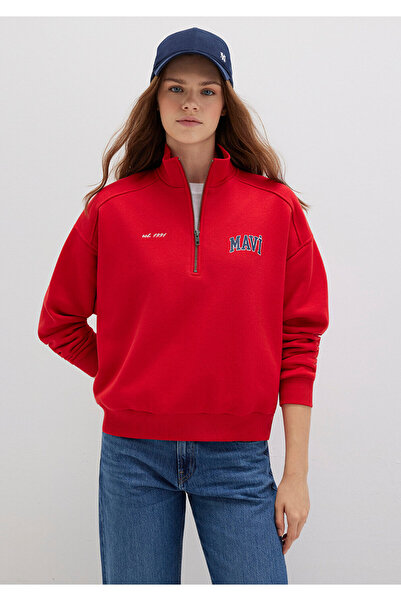 Mavi Logo Printed Semi-Zipper Red Sweatshirt 1S10373-90742