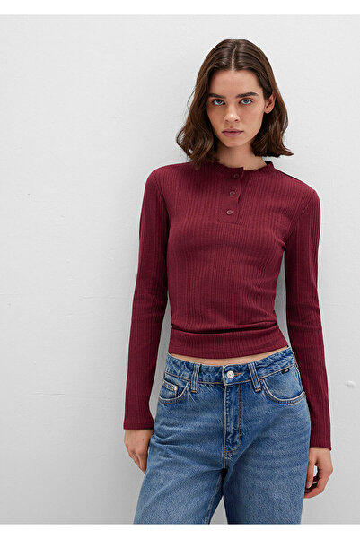 Mavi Button Detailed Burgundy T-Shirt Fitted / Bodycon Cut 1613374-70427