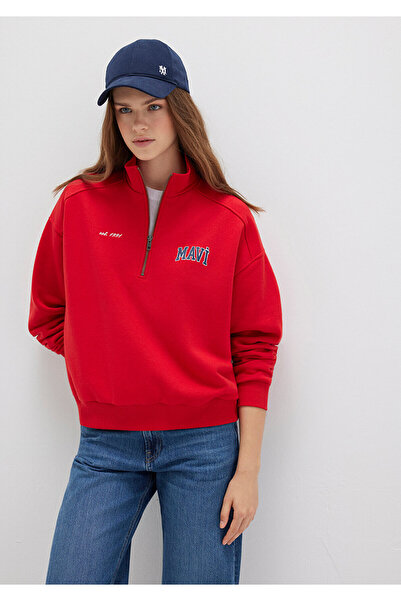 Mavi Logo Printed Semi-Zipper Red Sweatshirt 1S10373-90742