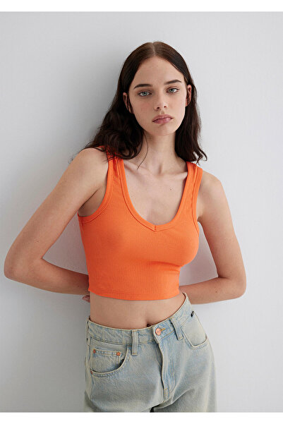 Mavi V Neck Orange Basic Crop Tank Top Crop / Short Cut 1612375-71272