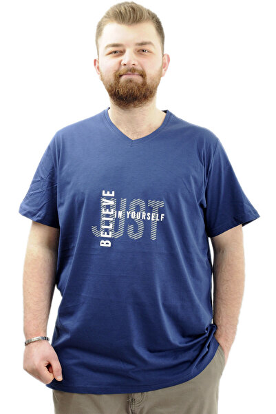 ModeXL Men's V-Neck Printed T-Shirt - Plus Size, Indigo Believe U24054