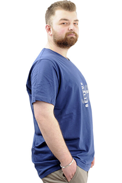 ModeXL Men's V-Neck Printed T-Shirt - Plus Size, Indigo Believe U24054