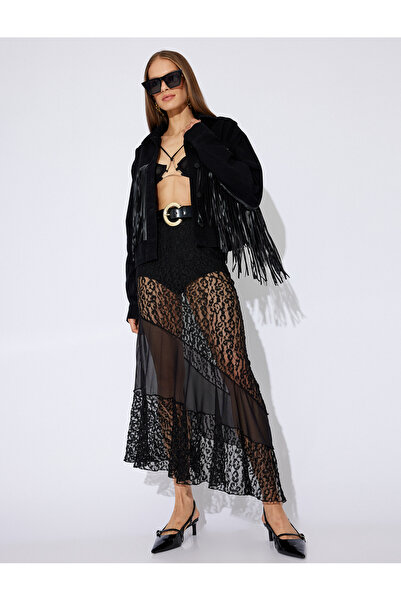 Koton Asymetrická průhledná krajková sukně midi délky s leopardím vzorem