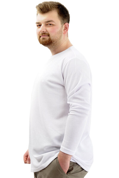 ModeXL Men's Sweatshirt - Crew Neck, Long Sleeve, WAFFLE 23460 White, Large Size