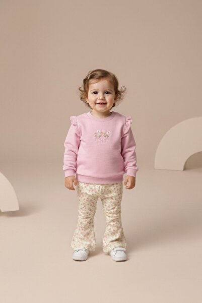 Minipodyum Kız Bebek Bandanalı Nakışlı İspanyol Paça Taytlı 3 Parça Alt Üst T...