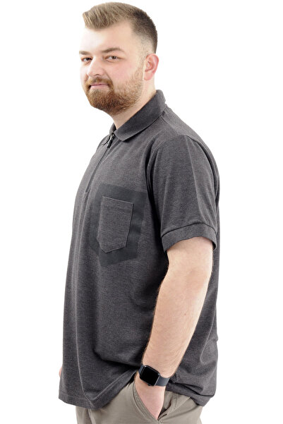 ModeXL Men's Polo Neck Zippered T-Shirt - Large Size, Pocket, Anthracite U24325
